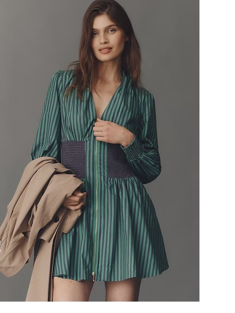Striped Green V-Neck Long Sleeve Mini Dress
